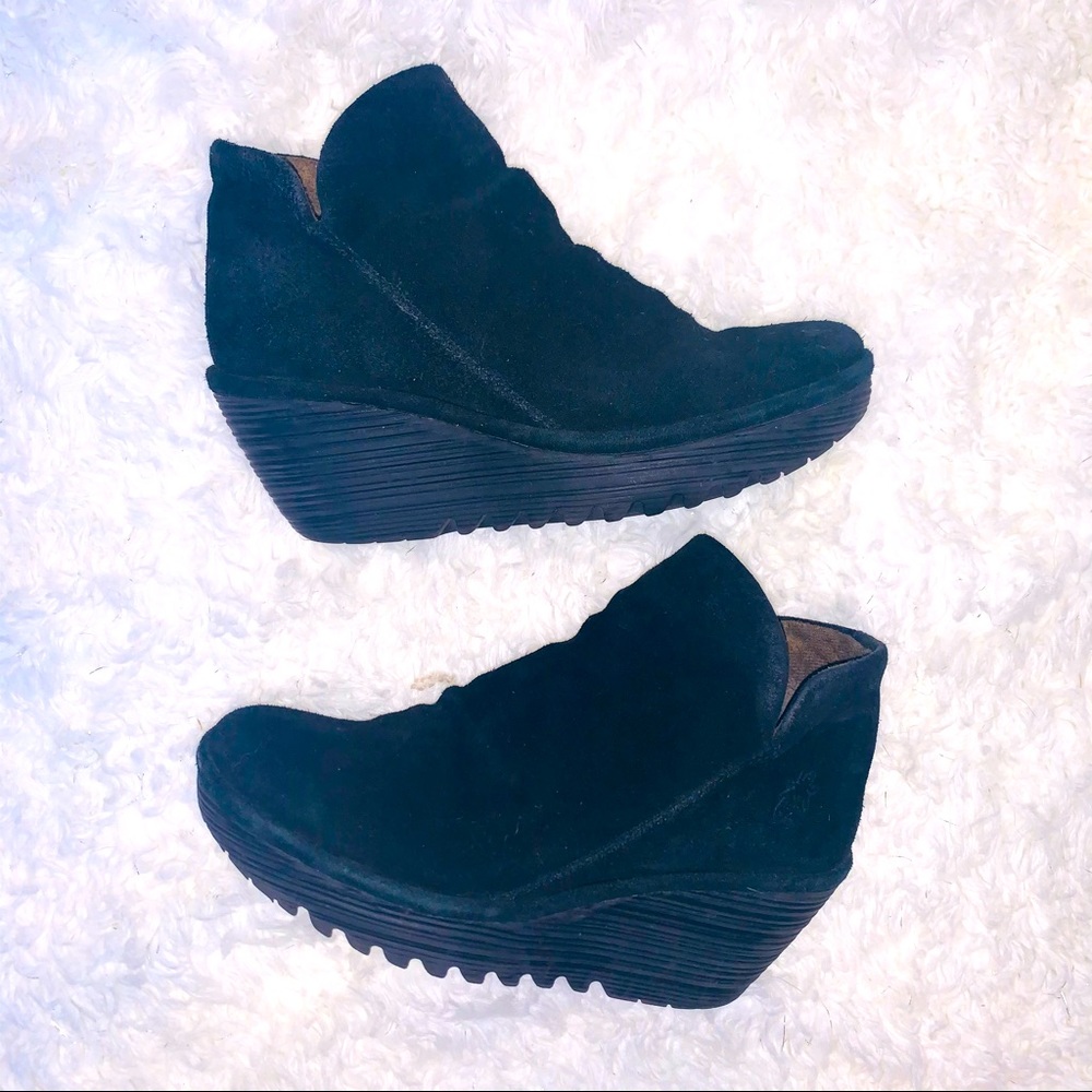 Fly London Yip Black Suede Wedge Booties